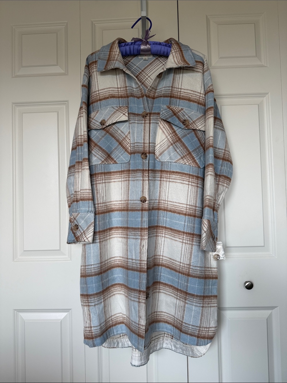 Cozy Plaid Long Shacket - Blue & Brown